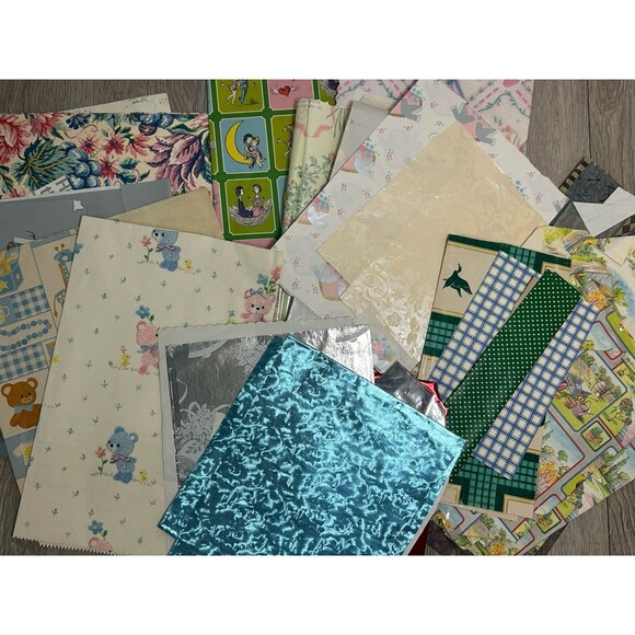 Vintage Mixed Lot Gift Wrap Sheets And Scraps Crafting Upcycling - Picture 1 of 7